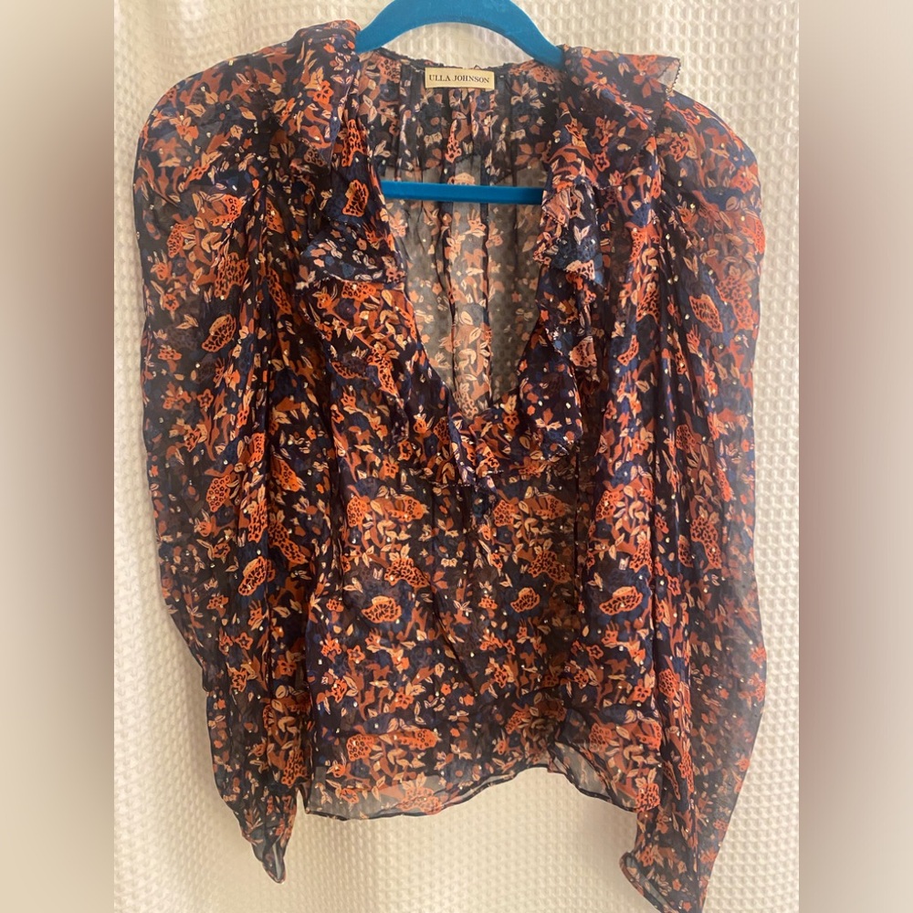 Ulla Johnson Navy Sheer Floral Ruffle Blouse with Orange Print